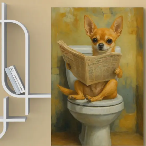 Quadro Decorativo Cachorro Chihuahua No Banheiro Em MDF 110x80 Arte Engraçada Moderna