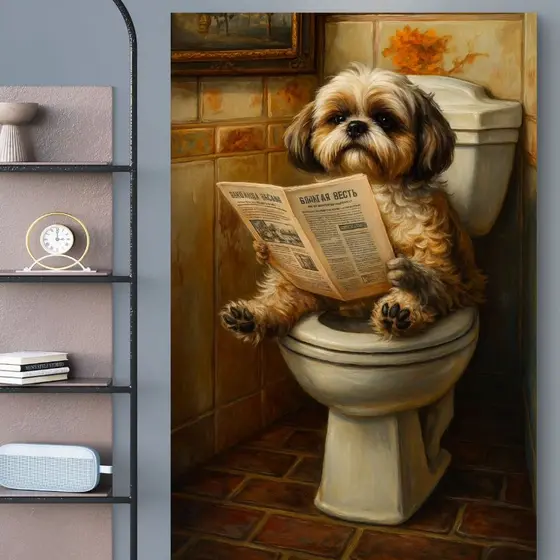 Quadro Decorativo Cachorro Shih Tzu No Banheiro Em MDF 110x80 Arte Engraçada Moderna