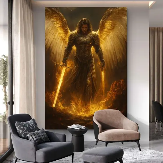 Quadro Decorativo Arcanjo Miguel MDF 110x80 Fé Proteção Luz Espiritual