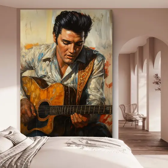 Quadro Decorativo Elvis Presley Com Violão Em MDF 110x80 Arte Retrô Musical Moderna