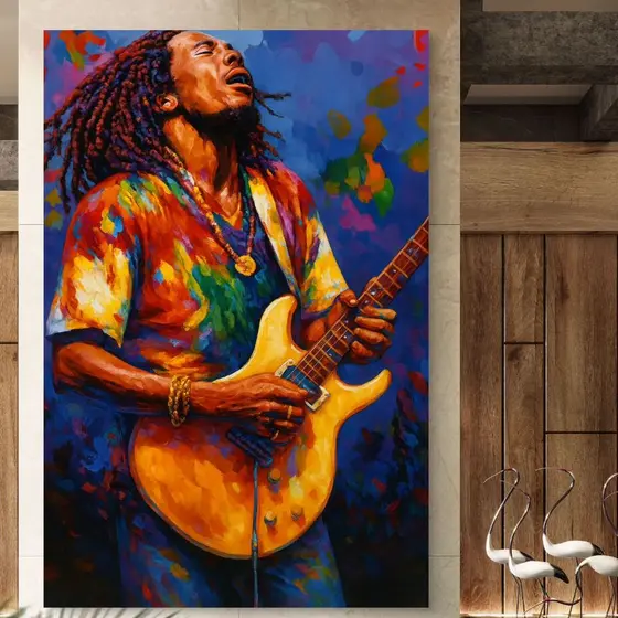 Quadro Decorativo Bob Marley Com Guitarra Em MDF 110x80 Arte Colorida Abstrata Estilo Reggae