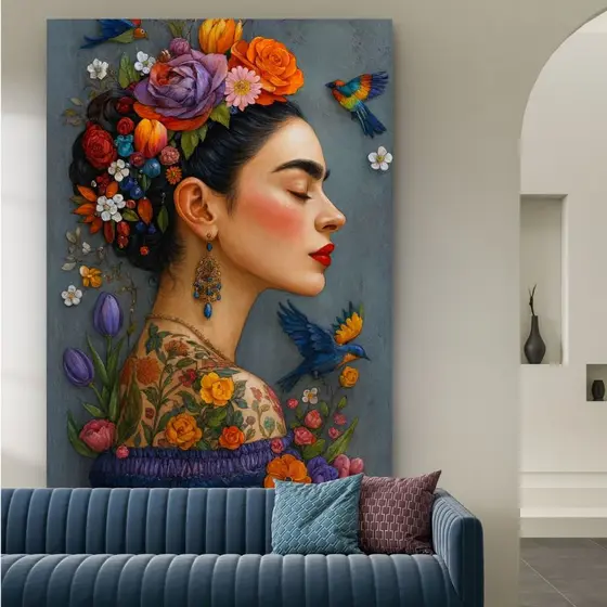 Quadro Decorativo Feminino Floral Estilo Frida Kahlo MDF 110x80 Para Sala Quarto Escritório
