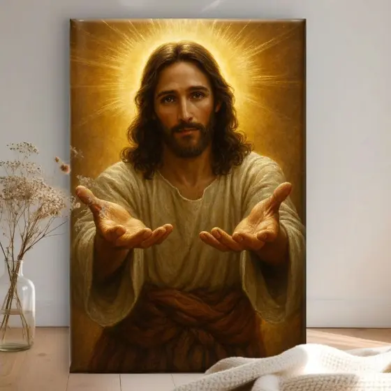 Quadro Religioso Jesus Cristo Mãos Estendidas MDF 110x80 Decoração Para Sala Quarto