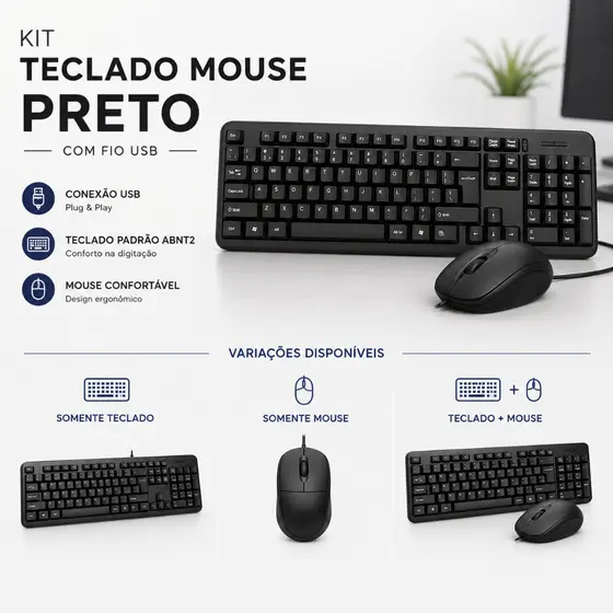 Kit Teclado Mouse Preto Com Fio Usb  Ergonomico Escritorio Casa Office Macio ABNT2