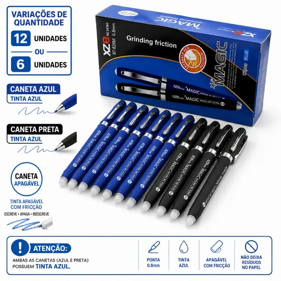 Caneta Mágica Apagável Ponta 0,8mm Caixa 6/12 unidades Azul E Preta Esferográfica