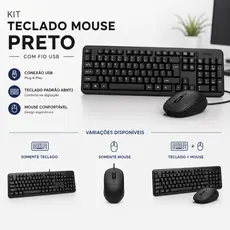 Teclado, Mouse ou Kit Teclado + Mouse USB Com Fio ABNT2 Ergonômico Preto para PC e Notebook