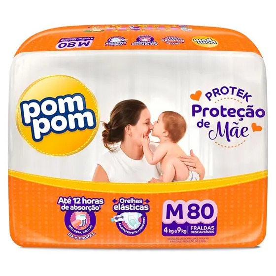 Fralda Descartável Pom Pom Protek Hiper M - 80 Unidades