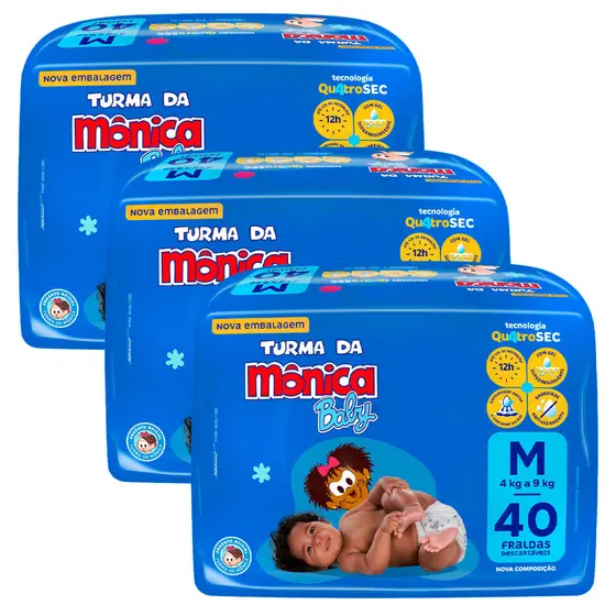 Kit 3 Fraldas Turma Da Mônica Mega M - 120 Tiras