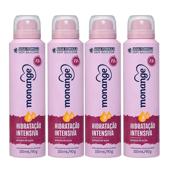 Kit Desodorante Aerossol Monange Feminino Hidratação Intensiva 150ml - 4 Unidades