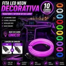 Fita de Led Neon Painel Interior Carro Decoração Automotiva Tunning 12V 3 / 5 metros Top Luxo