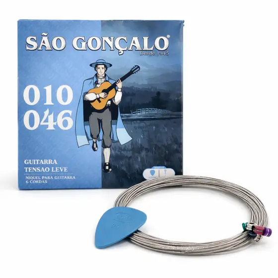 JOGO DE CORDAS SAO GONCALO P/ GUITARRA 0.010 ACOMPANHA 1 MI EXTRA + 1 PALHETA