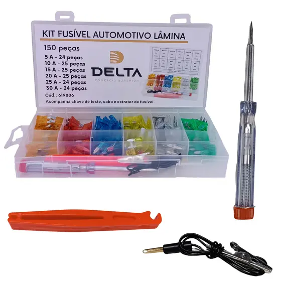 Jogo Kit 150 Pçs Fusivel Autotivo Lamina Varias Medidas E Amperes Medio Mini Estojo Clipe Chave e Cabo Teste Extrator