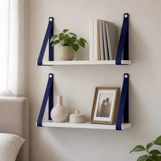 Kit 2 Prateleiras Suspensas Brancas 45x15 Com Alças De Couro Ecológico Azul Para Quarto De Bebê E Decoração Nicho Sala