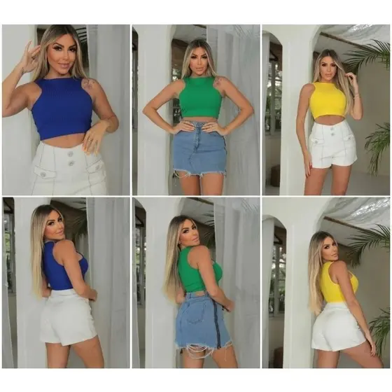 Cropped TOP Feminino Canelado Regata Nadador Duplo Frente Suplex Premium Sem Transparência 36 ao 42