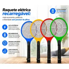 Raquete Elétrica Mata Insetos Recarregável (Cores Sortidas) Mata Mosquitos