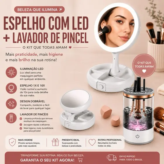 Kit para Maquiagem - Espelho Camarim com Iluminação LED mais Lavador de Pincel.