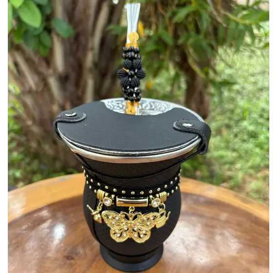 Kit chimarrão BASIC:Cuia de Porongo Revestida em Sintético+Bomba inox decorada+TapaErva+PulseiraDive