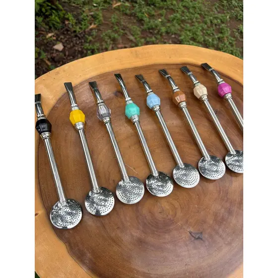 Bomba de Chimarrão Inox Com Pedra Colorida Sem Rosca