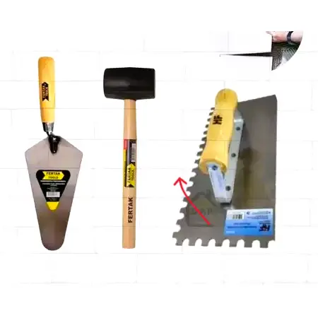 Kit Pedreiro Desempenadeira Dentada, Colher de Pedreiro, Martelo de Borracha Obra