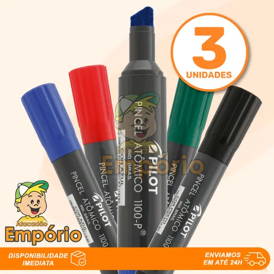 KIT 03 Pincel Atômico Marcador Permanente 1100-P Com Ponta Chanfrada e Recarregável Diversas Cores Pilot