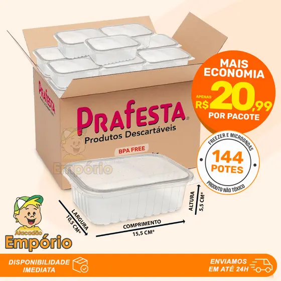 144 Un Pote Marmita Fitness Descartável 500ml Retangular Freezer e Microondas PraFesta