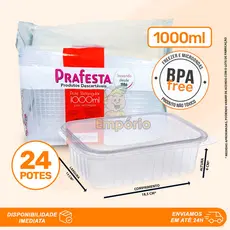 24 Potes 1000ml Retangulares Descartáveis Com Tampa Para Freezer e Microondas Prafesta
