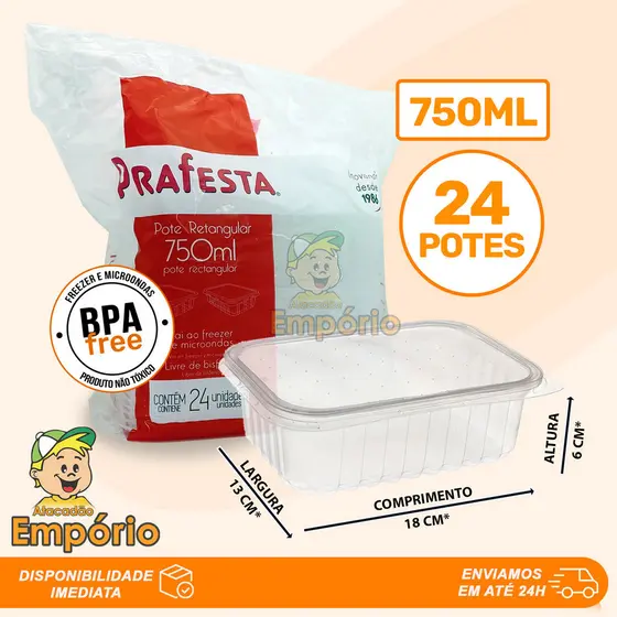 24 Potes 750ml Retangulares Descartáveis Com Tampa Para Freezer e Microondas Marmita Prafesta
