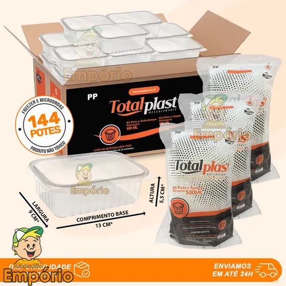 Potes 500ml Retangulares Descartáveis Com Tampa Para Freezer e Microondas Totalplast