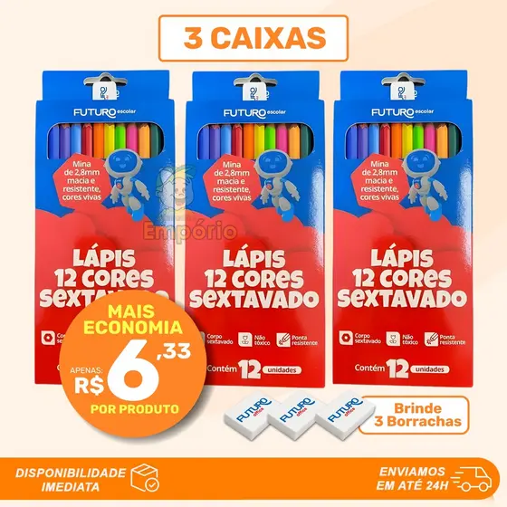 KIT Lápis de Cor 12 Cores Vivas e Intensas Sextavado Futuro para Colorir Escola