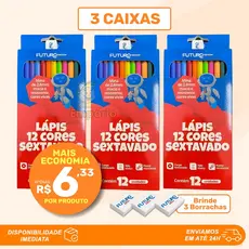 KIT Lápis de Cor 12 Cores Vivas e Intensas Sextavado Futuro para Colorir Escola