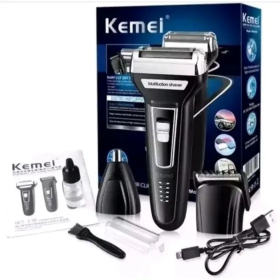 Aparelho De Barbear 3 em 1 Kemei KM 6558 Recarregável Bivolt Preto Cabelo Barba Nariz Pelos