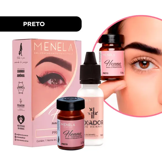 Henna Menela Profissional para Designer de Sobrancelhas Cor Preto 2,5g - Com Fixador e Nanotecnologia