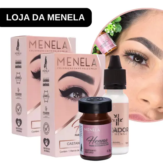 Kit com 2 Combo Henna Menela Profissional Designer Sobrancelhas 2,5g + Fixador e Nanotecnologia