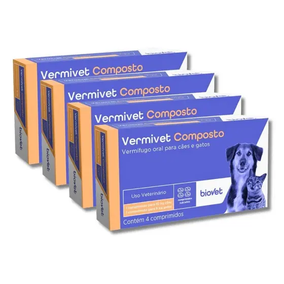 Kit 4 Caixas Vermífugo Vermivet Composto - 4 Comprimidos 600mg Cada - Cães e Gatos - Biovet