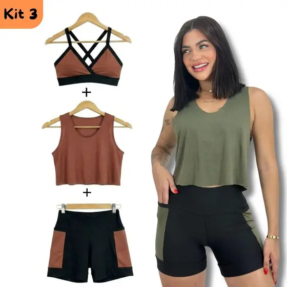 KIT 3 Pe莽as Short com Bolso Top e Blusa Baby Look Dryfit Fitness Conjunto Academia