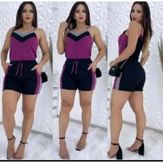 Conjunto feminino short e regata detalhe xadrez Malha Crepe