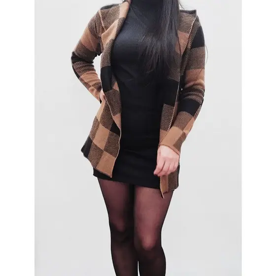 Casaco feminino de Lã  Xadrez cardigan  Inverno
