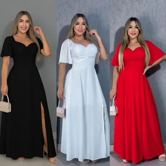Vestido Longo Estiloso Moda Evangélica tecido Duna forrado com fenda  Manga Curta Flare