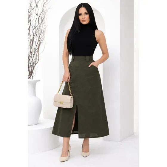 Saia longa Elegante Em Linho  com Fenda e Bolso Alfaiataria Luxo Forrada