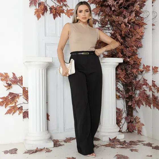 Calça Alfaiataria  Feminina Preta Com Cinto Calça Social Feminina