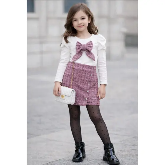 Conjunto Infantil Tweed Rosa com Laço