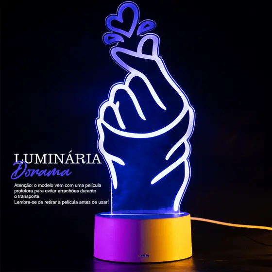 Luminária LED BTS em Acrílico Símbolo Coração com a Mão Decoração Fã