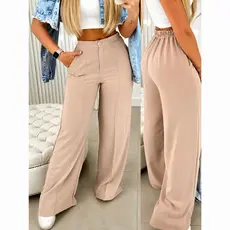 Calça Pantalona Feminina Duna Com Forro, Botao, Elastico Cintura Alta