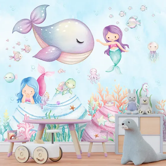 Papel Adesivo Decorativo De Parede Painel Fundo Do Mar Sereias Quarto Menina