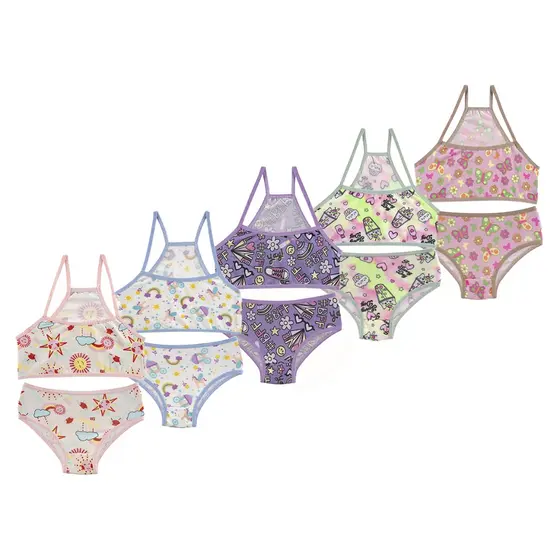 Kit 5 Conjunto Infantil Menina Moça Estampado Microfibra Top e Calcinha