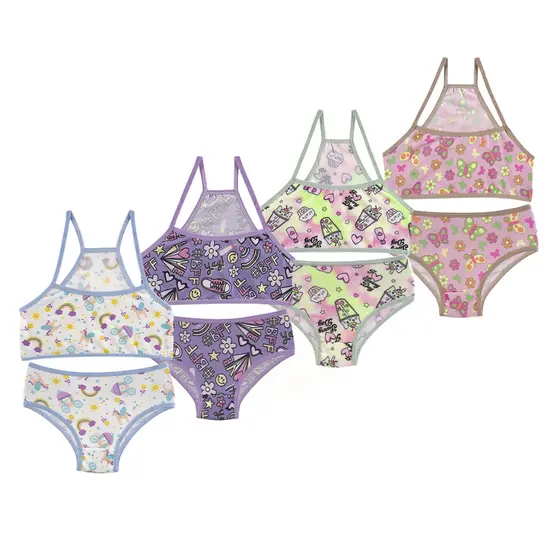 Kit 4 Conjunto Infantil Menina Moça Estampado Microfibra Top e Calcinha Atacado