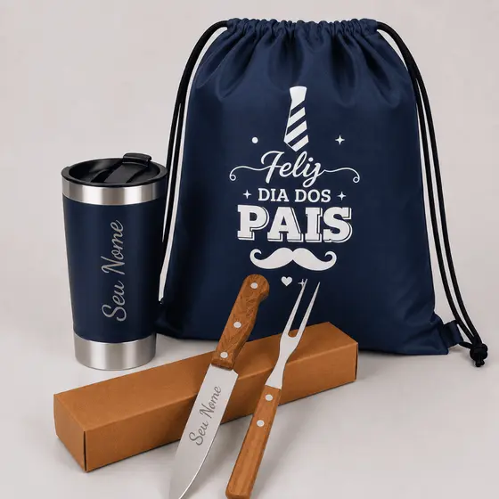 Kit Churrasco e Copo Térmico Com Mochila Saco de Presente Dia Dos Pais Kit Presente Cerveja Abridor Churrasqueiro