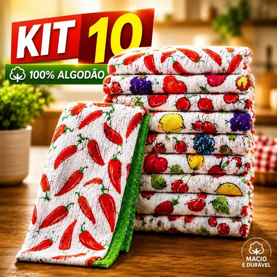 Kit 10 Pano de Copa Atoalhado Premium 40x60cm Panos de Prato 100% Algodão Alta Absorção