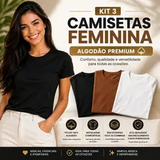 Kit 3 Camisa Básica Lisa Feminina T-shirts Baby Look 100% Algodão Premium