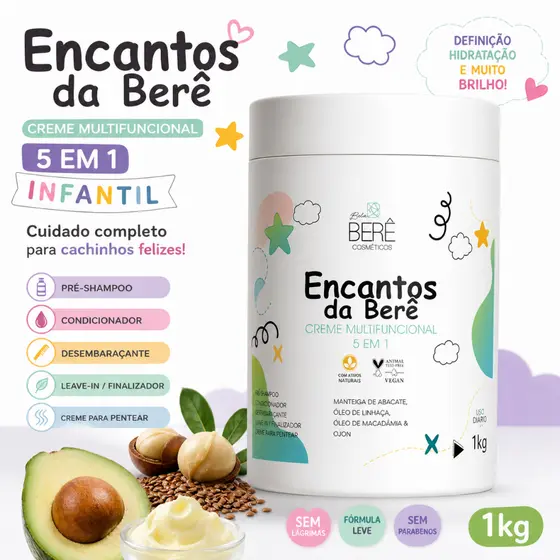 Creme Pentear Infantil Encantos da Berê 5 em 1 Desembaraça Hidrata e Define Cachos